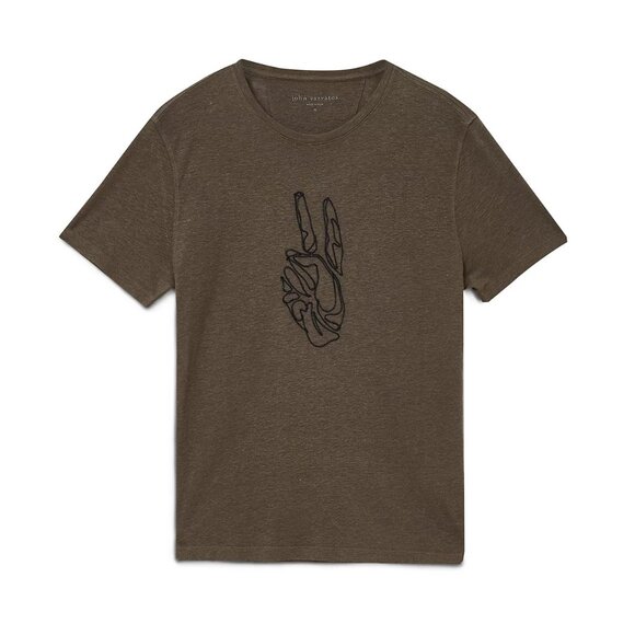 John Varvatos Men's Peace Sign Stitched Cording Linen SS Crew T-Shirt Teakwood - Picture 5 of 6